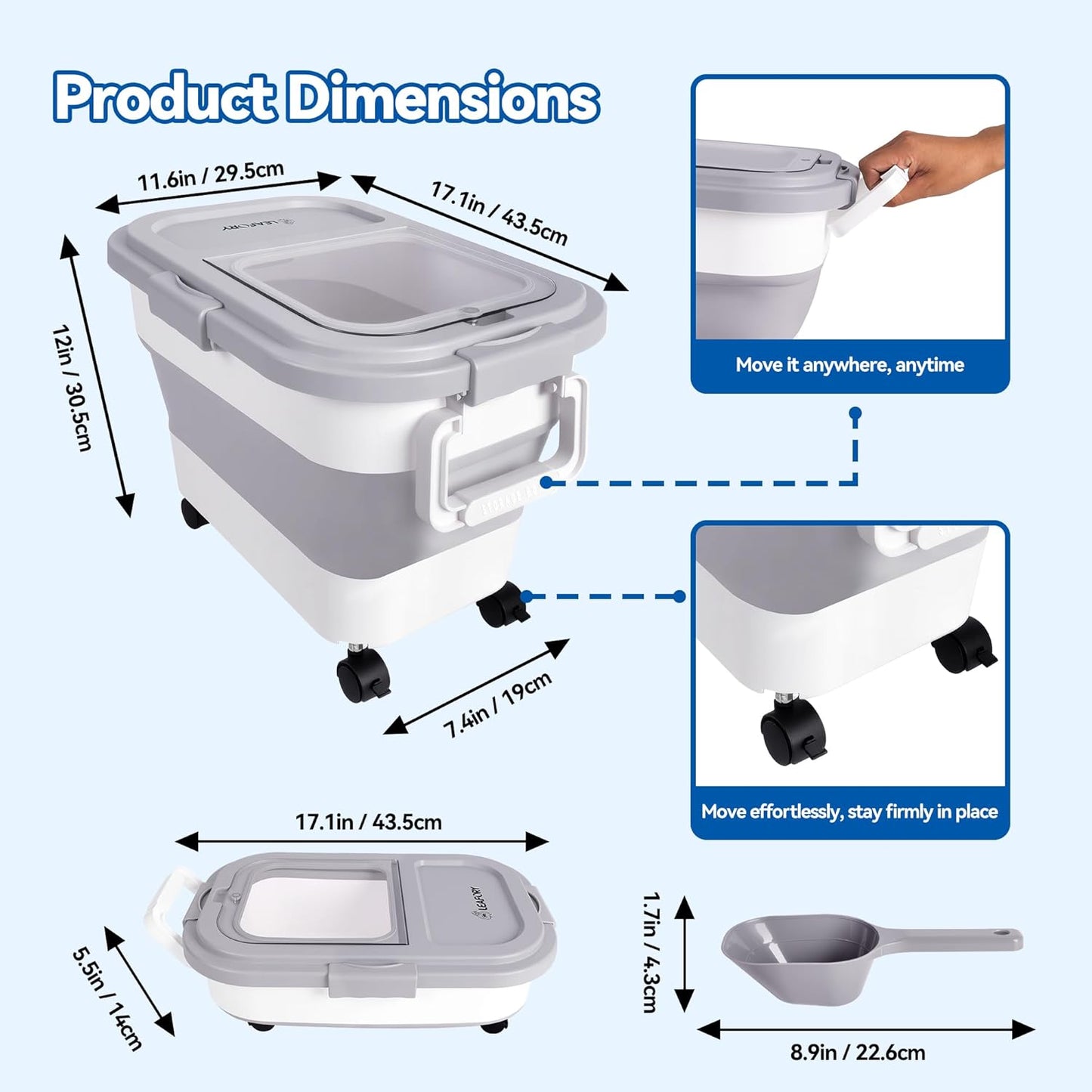 Dog Food Storage Container 30-40lbs, Airtight Pet Food Bin with Locking Lid & Clear Window, Collapsible Rolling Storage Container with Wheels & Scoop, Gray