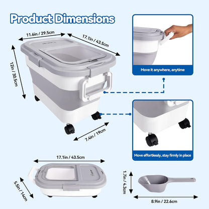 Dog Food Storage Container 30-40lbs, Airtight Pet Food Bin with Locking Lid & Clear Window, Collapsible Rolling Storage Container with Wheels & Scoop, Gray
