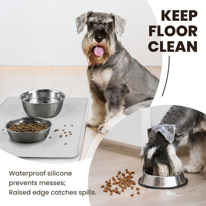 VIVAGLORY Dog Food Mat Flexmat Dog Bowl Mat, Placemat Food Tray with Raised Edges & Lip for Indoor Floor, Non Slip Waterproof Silicone Dish Placemat for Cat & Pet, S, Grey