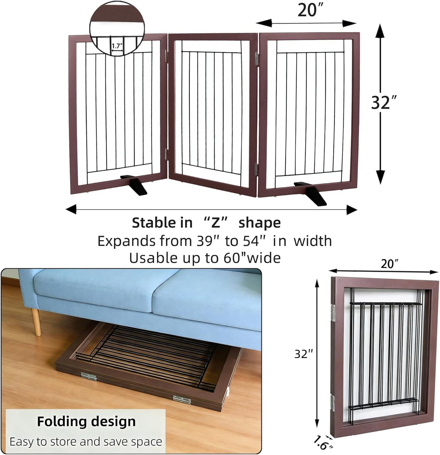ZJSF Freestanding Dog Gate Indoor, Foldable Dog Fence for Doorways,Hallways or Stairs, Sturdy Wood Extra Wide Pet Gate with Support Feet,Black,24 "Height-3 Panels