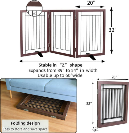 ZJSF Freestanding Dog Gate Indoor, Foldable Dog Fence for Doorways,Hallways or Stairs, Sturdy Wood Extra Wide Pet Gate with Support Feet,Black,24 "Height-3 Panels