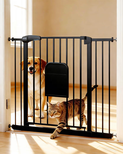 Pet Gate with Adjustable Cat Door, 31–46 Inch Pressure Mounted Dog Gate for Doorways, Stairs and Hallways, Auto Close Walk Through Metal Safety Gate, Easy Install, White