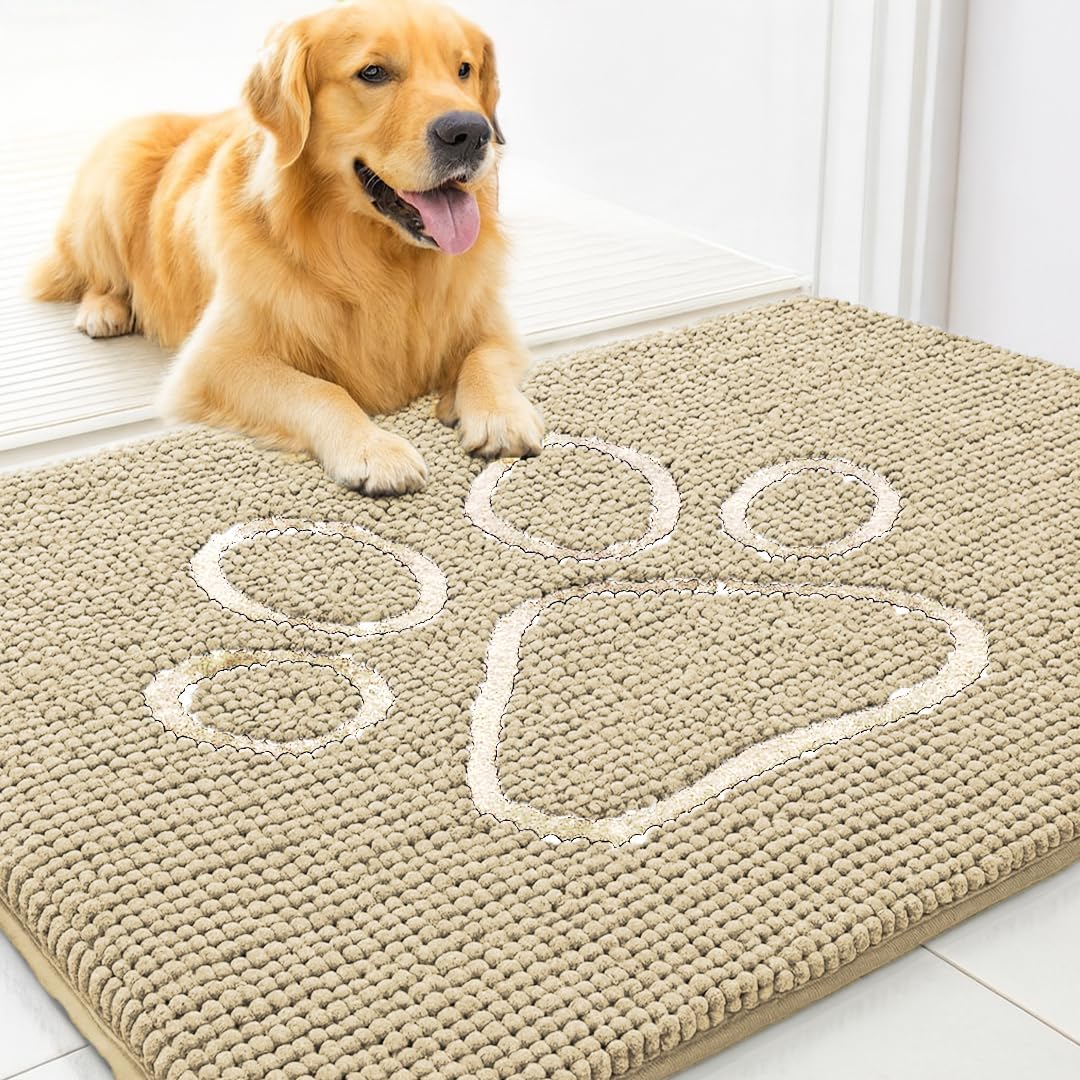 MUDGUARD MAT™ Dog Door Mat with Paw Design for Muddy Paws, Super Absorbent Microfiber, Non-Slip Indoor Mat, Quick-Dry Chenille Rug for Pets & Entryway, Machine Washable, Grey 16" x 24"