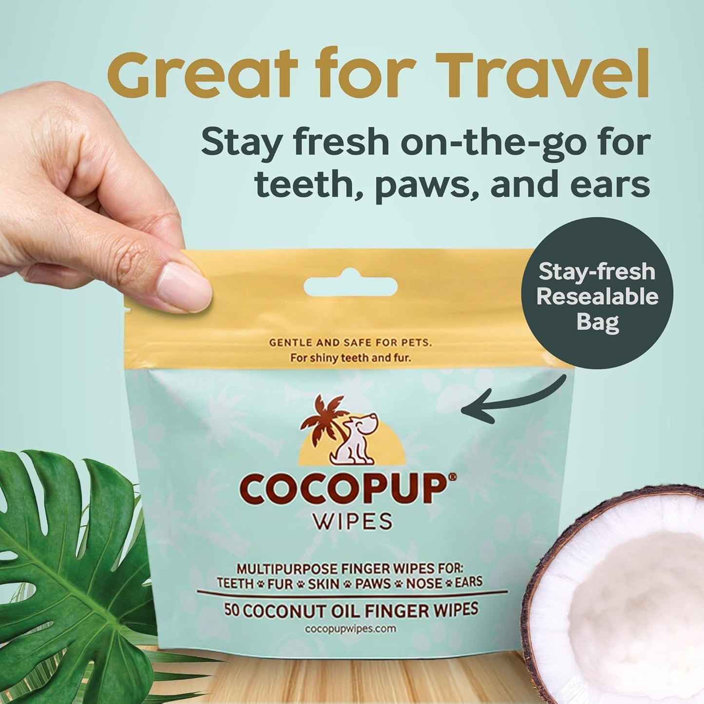 Cocopup Dog Teeth Cleaning Wipes | Pet Dental Finger Wipes | Dogs and Cats Tooth Cleaning Pads Plaque Remover Ear Nose Paws Fur Cleaners | Contains Coconut Oil | 1 Pack of 50