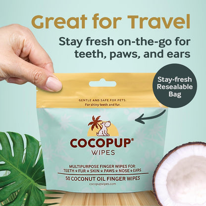 Cocopup Dog Teeth Cleaning Wipes | Pet Dental Finger Wipes | Dogs and Cats Tooth Cleaning Pads Plaque Remover Ear Nose Paws Fur Cleaners | Contains Coconut Oil | 1 Pack of 50