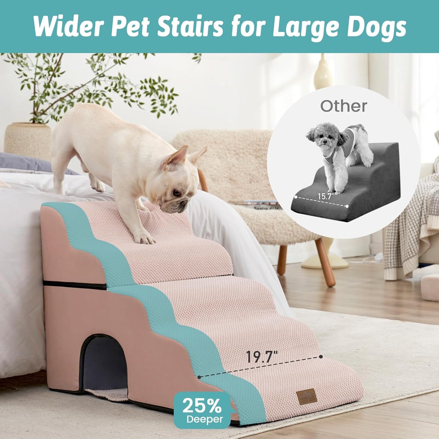 COZY KISS Extra Wide Dog Stairs with Tunnel, Foam Detachable Large Dog Step for Small Pet, Puppy or Cats, Medium Pet Ramp for High Bed, Couch, Sofa or Car, 19.7x33x22.4 inch, 5 Step, Beige