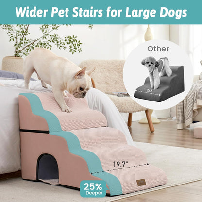 COZY KISS Extra Wide Dog Stairs with Tunnel, Foam Detachable Large Dog Step for Small Pet, Puppy or Cats, Medium Pet Ramp for High Bed, Couch, Sofa or Car, 19.7x33x22.4 inch, 5 Step, Beige