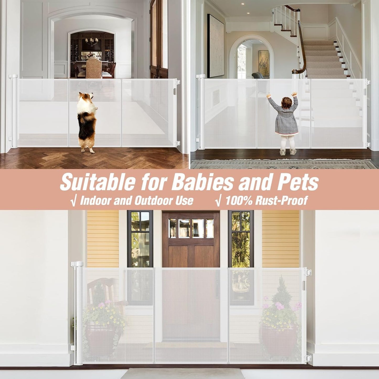 Reinforced 42" Tall Retractable Dog Gate, 155" Extra Long Retractable Baby Gate with Support Rods - Prevent Crawling Under, Indoor/Outdoor Retractable Gate Extra Tall Baby Gate Retractable Fence/Black
