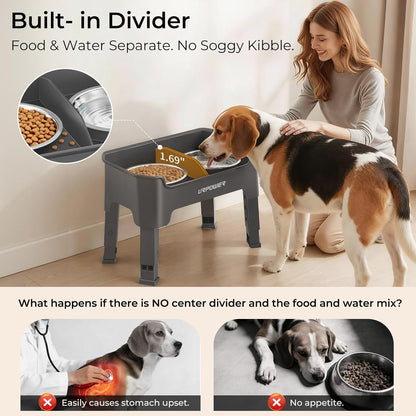 URPOWER 3-in-1 Elevated Dog Bowls - Mess Proof Double Deck 4 Height Adjustable Raised Stand with 2 Stainless Steel Food Bowls & Licking Plate for Small, Medium & Large Dogs