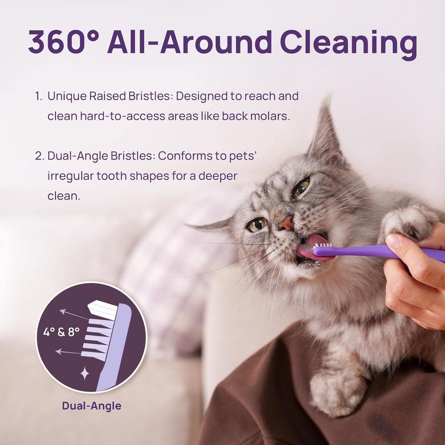 HICC PET Toothbrush for Cats & Small Dogs, Vet-Recommended Ergonomic Pet Toothbrush for Easy Teeth Cleaning, Gentle on Gums, Cat & Dog Dental Care, Improves Oral Hygiene. Toothpaste Not Included