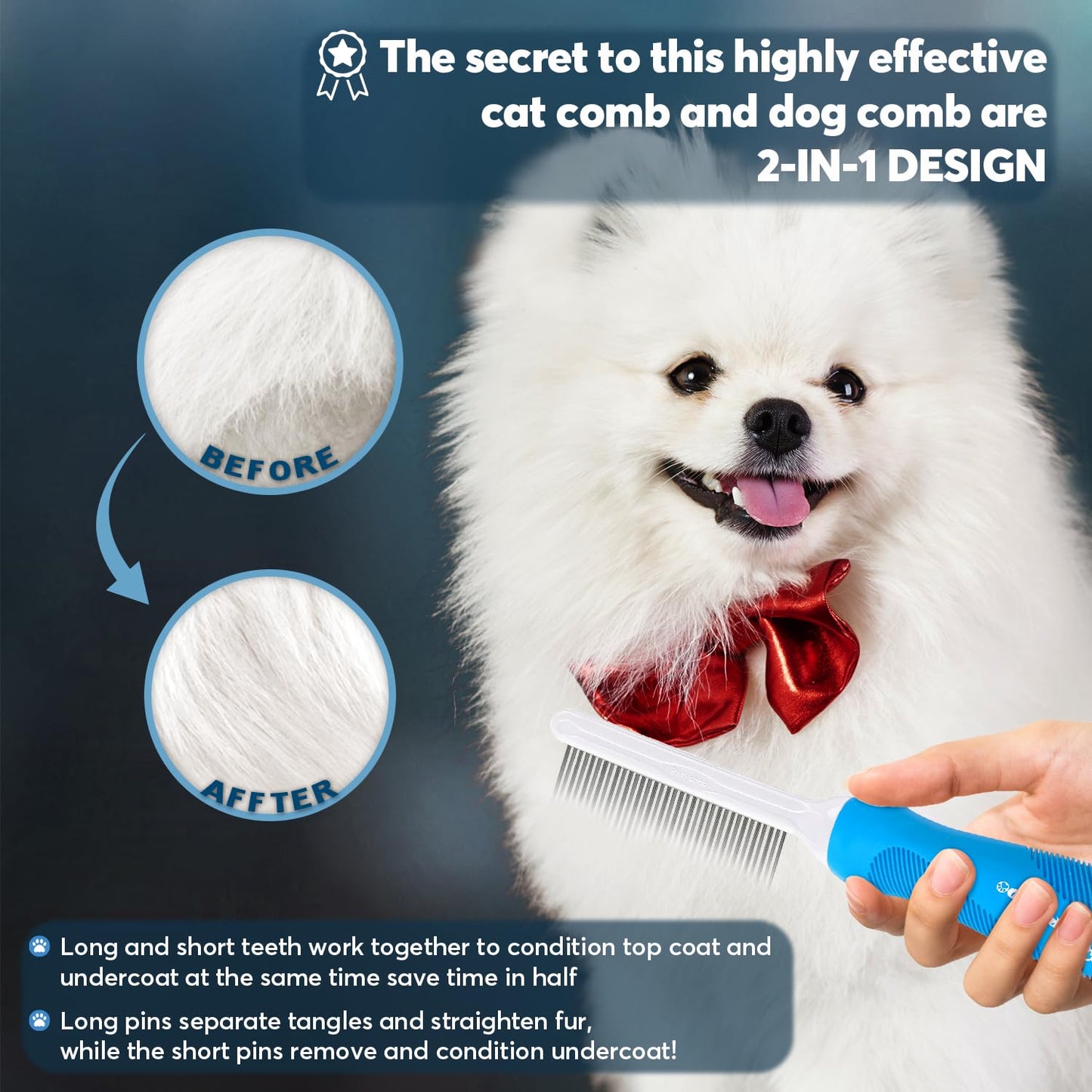 GENPEPADO Grooming Comb for Dogs and Cats with Matted Hair, Detangling Pet Comb with Long and Short Stainless Steel Metal Fine Teeth for Removing Mats, Tangles, Knots & Loose Fur from The Undercoat
