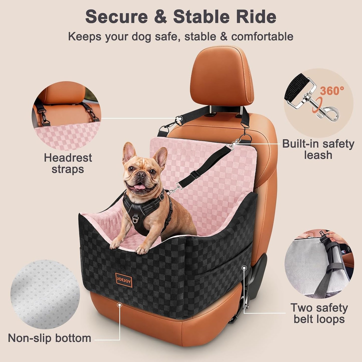 JOEJOY Elevated Dog Car Seat for Small/Medium Dogs up to 35 lbs, Memory Foam Booster Seat with Detachable Washable Cover, Travel-Safe Car Bed with Safety Belts & Storage Pockets, Grey