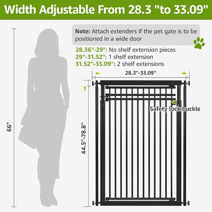 78.8" Extra Tall Cat Gate, 28.3-33" Wide Safety Metal Cat Door, Pressure Mounted Easy Walk Through Pet Gate with Door for Stairs, Doorways, Black