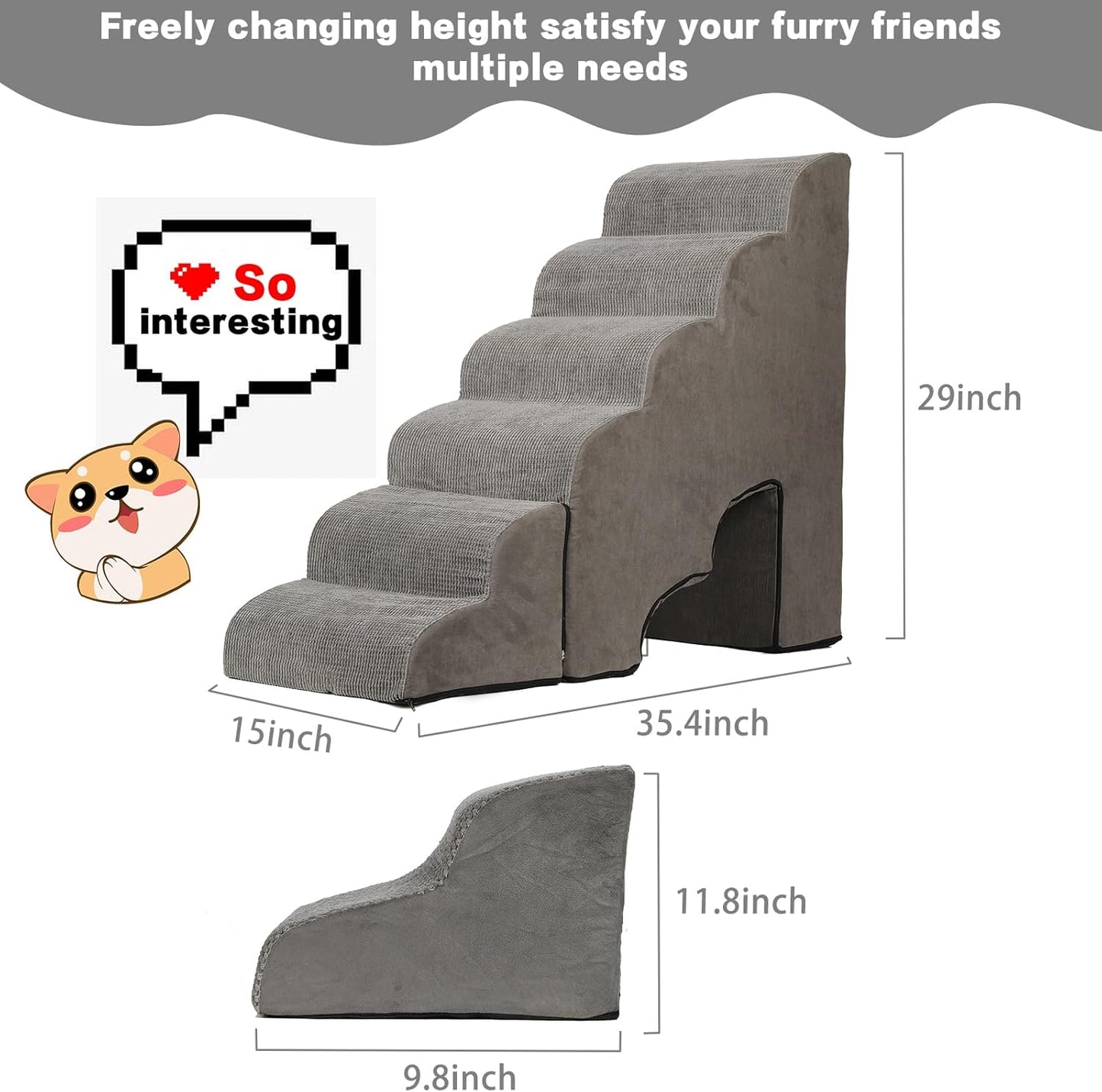 Dog Stairs for High Beds 30-36 inches Tall, 6-Step Dog Steps for Bed 32-36 inches for Small Large Dogs, Doggie Ramp for Bed, 30D Foam Pet Stairs for Old Dogs/Cats, Free-Installation, Grey