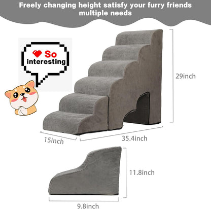Dog Stairs for High Beds 30-36 inches Tall, 6-Step Dog Steps for Bed 32-36 inches for Small Large Dogs, Doggie Ramp for Bed, 30D Foam Pet Stairs for Old Dogs/Cats, Free-Installation, Grey