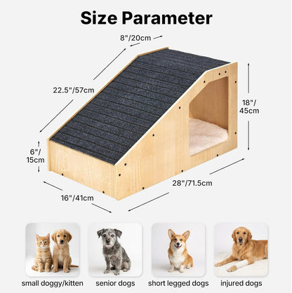 Veehoo Small Dog Ramp for Bed Couch, Pet Ramps for Dogs to Get on Bed Couch with Cat Cave Condo Non Slip Surface and Bottom Pad, 16" Wide Wooden Doggy Stairs Puppy Steps Small Ramp Ladder for Indoor