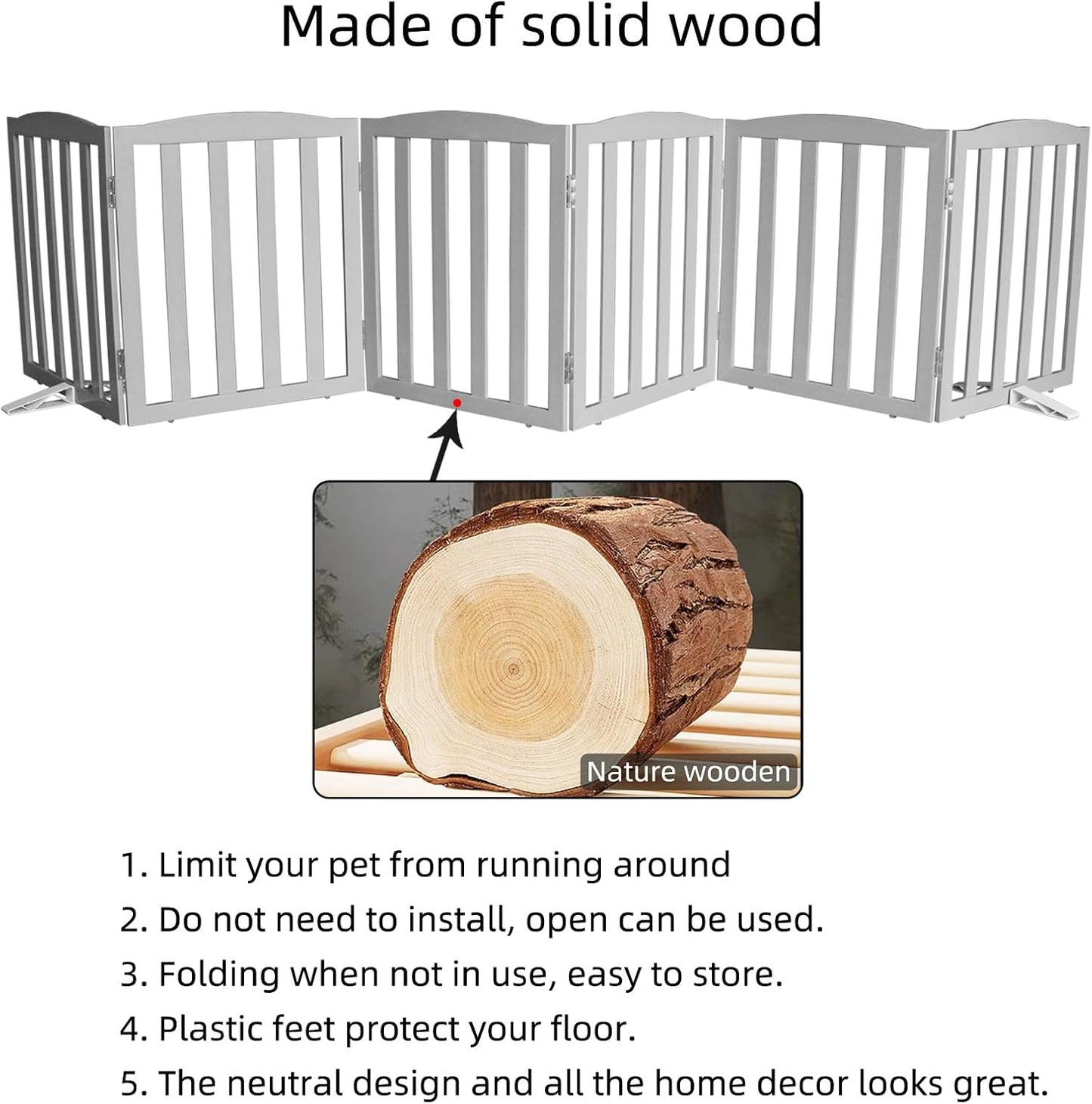 Freestanding Dog Gate Indoor,Doggie Gate Foldable Dog Gates for Doorways,Stairs or Hallways, Wooden White Pet Gate for the House, Pet Fence with Support Feet Included,24 "Height-4 Panels