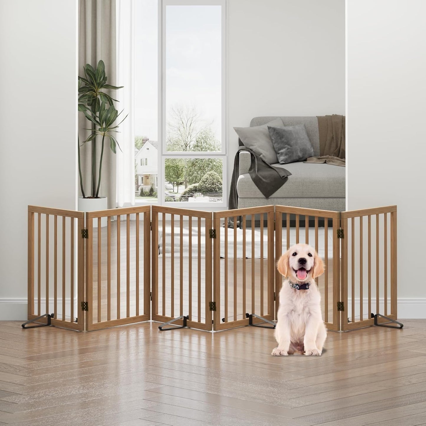 Freestanding Foldable Dog Gate - 4 Panel Room Divider with Metal Support Feet (Black)