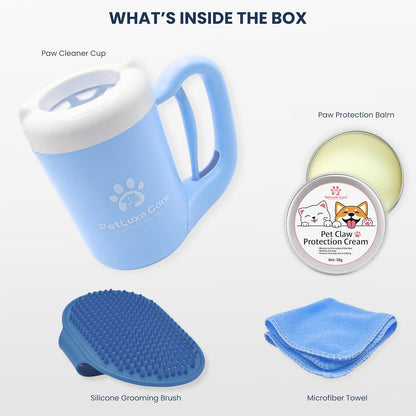Dog Paw Washer Kit - Includes Paw Cleaner Cup, Towel, Pet Bath Brush & Moisturizing Balm - Dog Foot Washer for Muddy Paws, ideal for Small & Medium Dogs (Blue, Small)