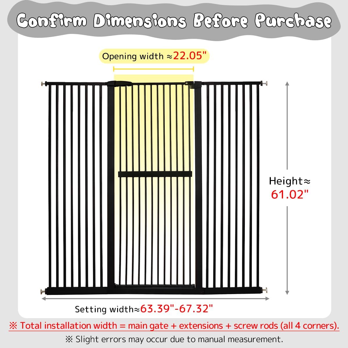Lumizone Extra Tall Cat Gate 61.02" High Pressure Mounted Extra Wide 30.12"-34.05" (17Sizes) 1.37" Gap No Drilling Auto-Close Tall Pet Gate for Dogs (Black, 30.12"-34.05" W)
