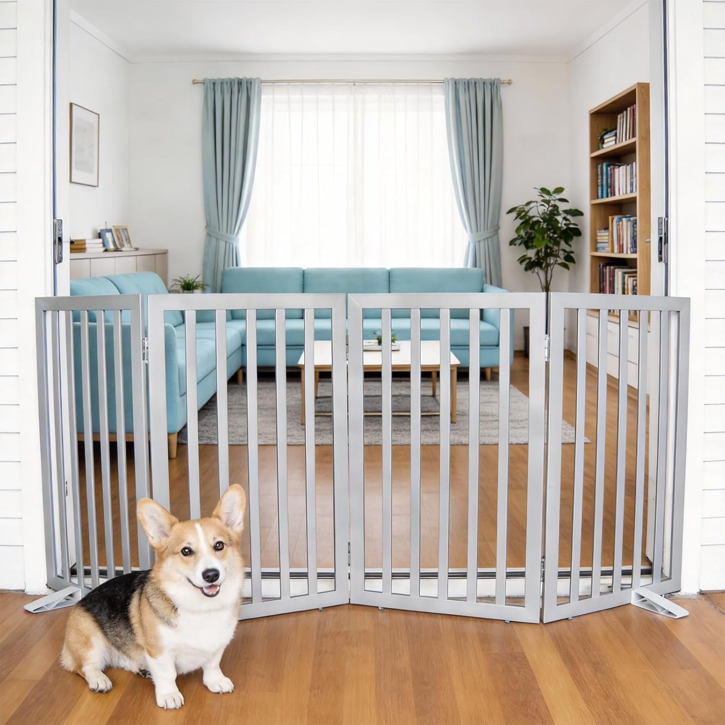 Dog Gate Indoor, Freestanding Dog Fence for The House, Doorways, Hallways,or Stairs,Pet Gate Foldable Wooden,Expandable 24" Height 3 Panels,White
