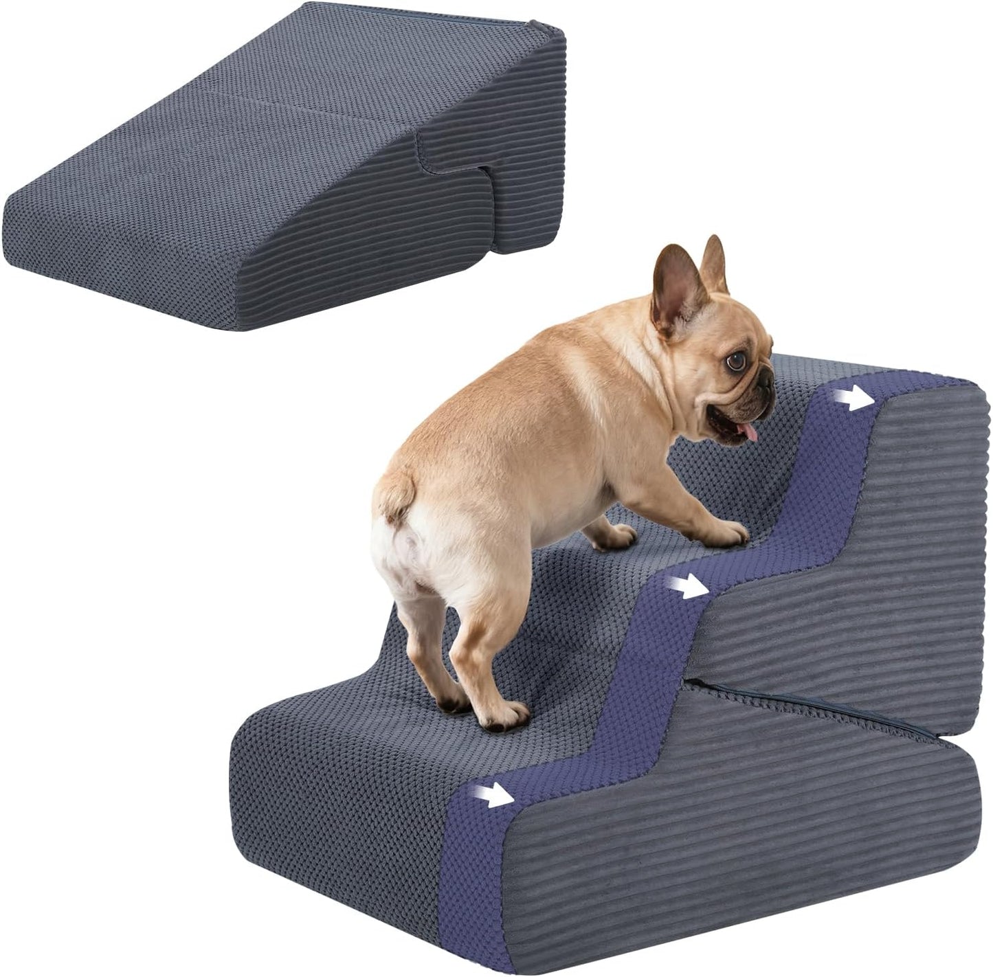 Dog Ramp for Bed, 23" H Dog Stairs for High Bed, 2 in 1 Pet Steps for Small Dogs, 5-Step Foldable Transformable Large Cats Ramp to Get on Couch, Non-Slip Balanced, Grey