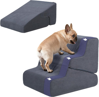 Dog Ramp for Bed, 23" H Dog Stairs for High Bed, 2 in 1 Pet Steps for Small Dogs, 5-Step Foldable Transformable Large Cats Ramp to Get on Couch, Non-Slip Balanced, Grey