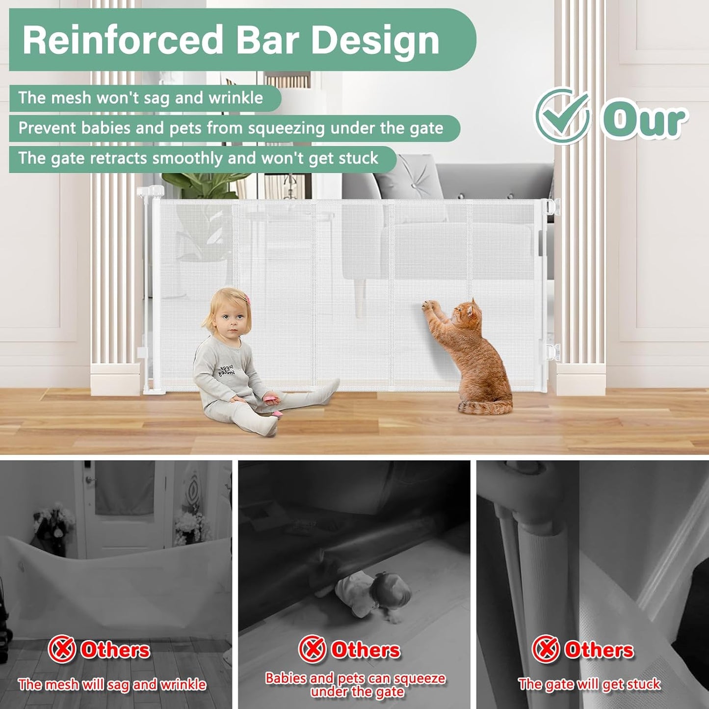 Reinforced 26 Inch Tall Retractable Child Gate to Step Over 55" Wide Small Retractable Baby Gates for Stair Retractable Dog Gate Short Mesh Dog Gate Retractable Toddler Gates for Doorways Doggy Gate