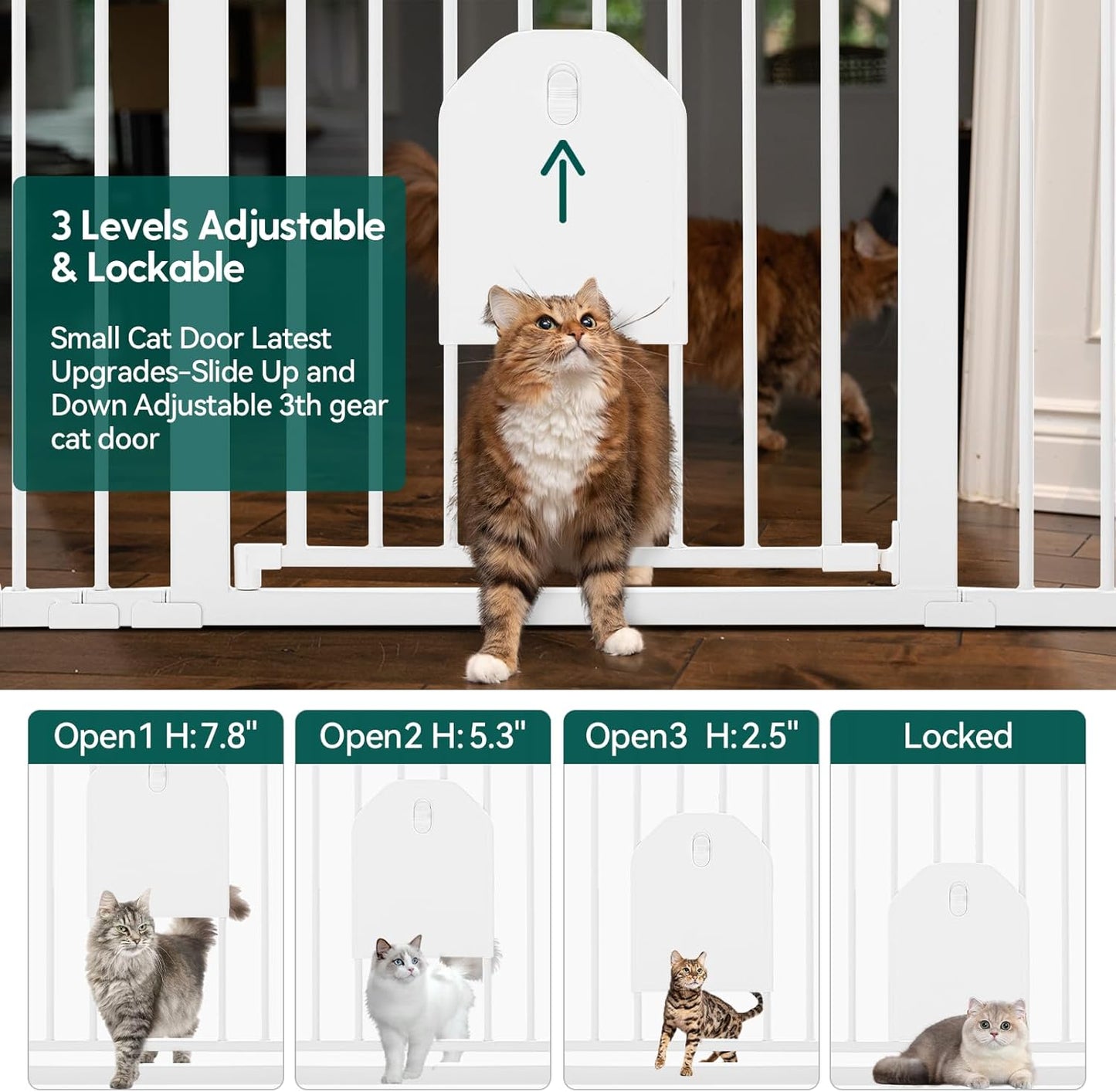 Babelio 36" Tall Auto Close Baby Gate with Small Cat Door, 29-43" Metal Cat Gate for Doorway, Stairs, House. Easy Walk Thru Dog Gate with pet Door, Includes 4 Wall Cups and 3 Extension Pieces, Black