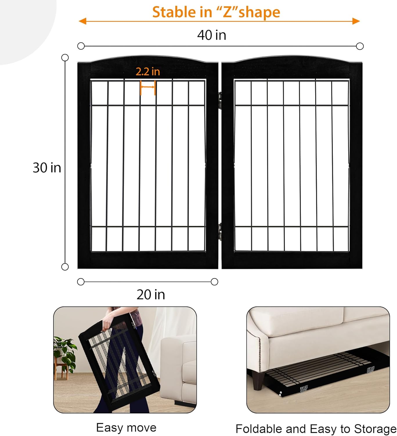 LZRS 2-Panel Freestanding Foldable Wood Dog Gate – Solid Wood & Steel Wire, Chew-Resistant Pet Barrier for Indoor Use, Ideal for Small to Medium Dogs, White