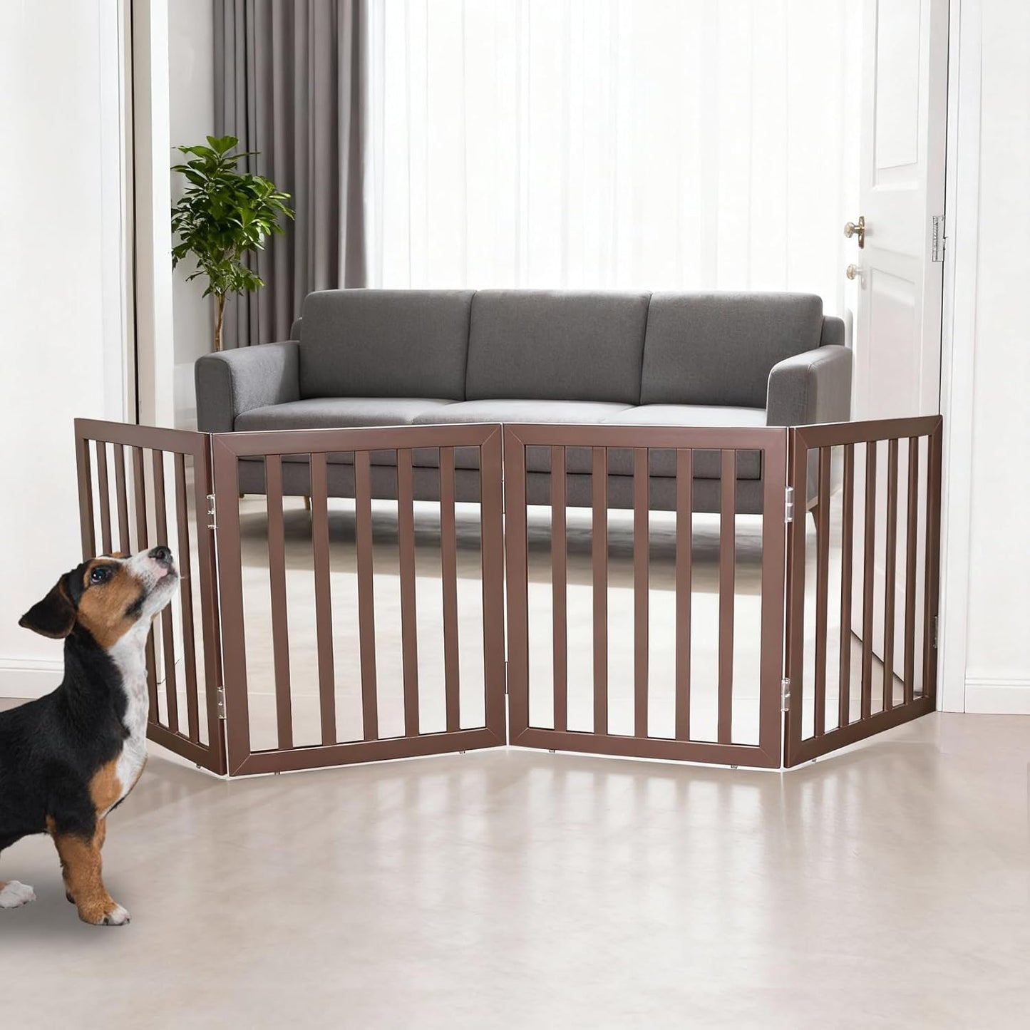 ZJSF Freestanding Indoor Dog Gate for House Foldable Wood Brown Puppy Gate for Doorways Pet Gate for Stairs Extra Wide Pet Fence 24" Height 2 Panels