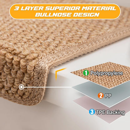 Bullnose Carpet Faux Sisal Stair Treads | Set of 14 | Stair Treads for Wooden Steps Indoor Anti Slip Braided Staircase Protector Pet Friendly Rugs Covers 9.44" X 29.5"x 1.9",Golden