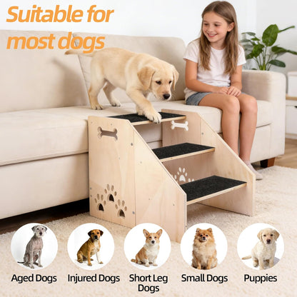 Dog Step, Wooden 3-Step Dog Stairs for High Beds & Couches, Non-Slip Pet Stair Ladder for Small Dogs, Puppies & Older Cats, 15.8 inch High