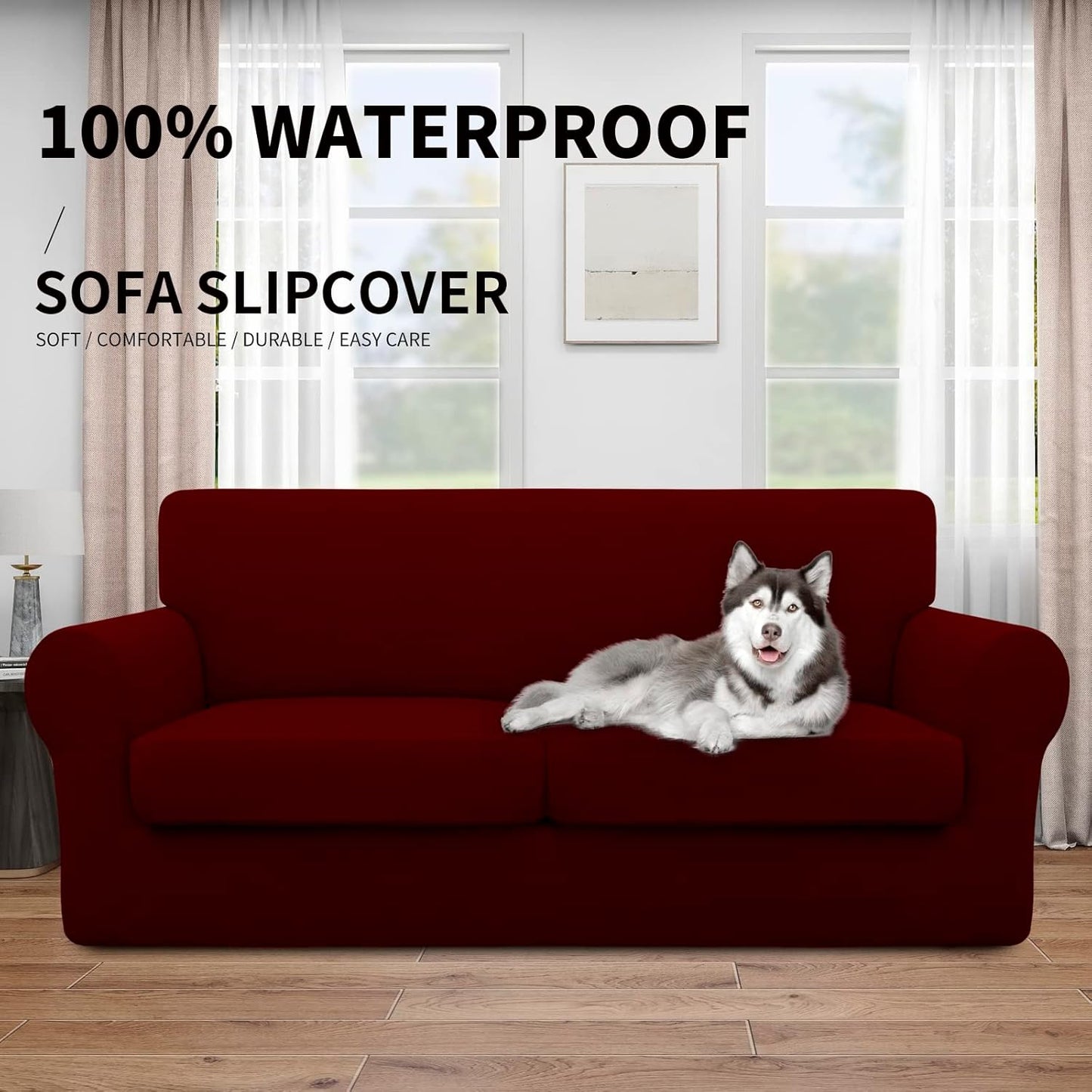 Easy-Going 100% Dual Waterproof 4 Pieces Stretch Soft Couch Cover for Dogs, Sofa Slipcover for 3 Separate Cushion Couch Leakproof Furniture Protector for Kids, Pets Dark Gray