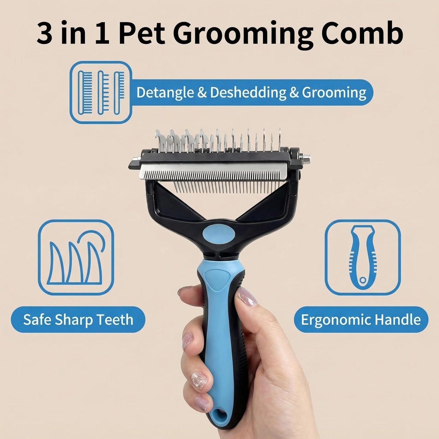 Title3-in-1 Pet Grooming Brush Dematting Comb – Double-Sided Deshedding Rake for Dogs Cats, Professional Undercoat Tool for Mats Tangles Loose Fur