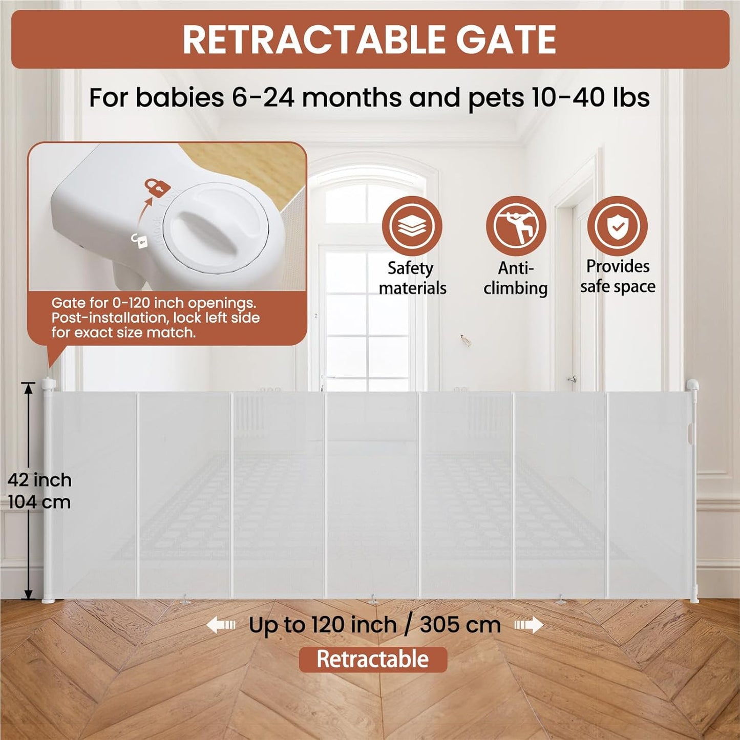 Upgrade Retractable Baby Gates Extra Wide (150" W x 42" H), 150 inch Reinforced Retractable Dog Gate to Prevent Crawling Through, Retractable Gate Outdoor/Indoor, Real One-Handed Operation, Black