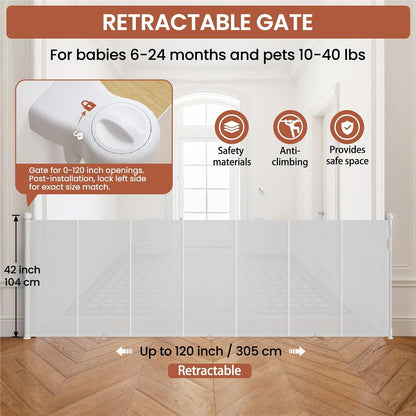 Upgrade Retractable Baby Gates Extra Wide (150" W x 42" H), 150 inch Reinforced Retractable Dog Gate to Prevent Crawling Through, Retractable Gate Outdoor/Indoor, Real One-Handed Operation, Black