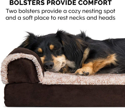 Furhaven Memory Foam Dog Bed for Large Dogs w/ Removable Bolsters & Washable Cover, For Dogs Up to 95 lbs - Two-Tone Plush Faux Fur & Suede L Shaped Chaise - Espresso, Jumbo/XL
