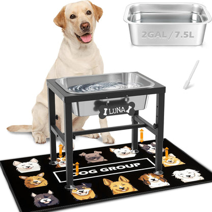 ADENGL 1.6 Gallon Elevated Dog Water Bowl for Large Dogs, 4-Height Adjustable (13–18'') Raised Stainless Steel Bowl with Spill-Proof Mat & Sturdy Metal Stand, Easy-Clean Feeder for Indoor/Outdoor Use