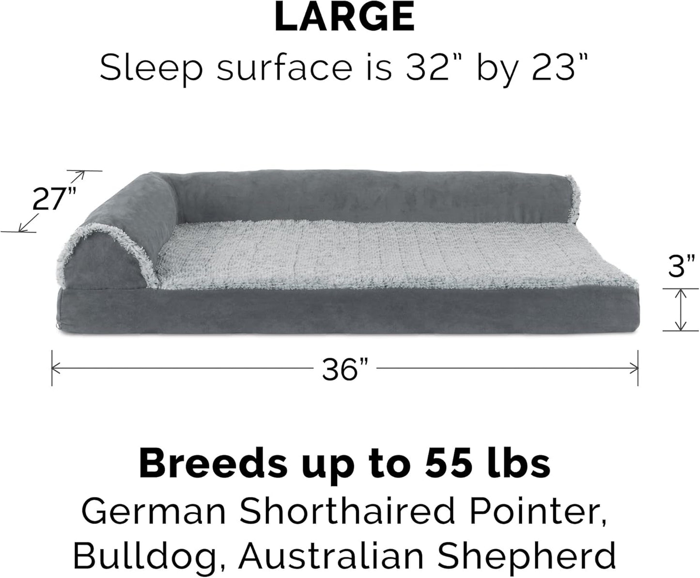 Furhaven Memory Foam Dog Bed for Large Dogs w/ Removable Bolsters & Washable Cover, For Dogs Up to 95 lbs - Two-Tone Plush Faux Fur & Suede L Shaped Chaise - Espresso, Jumbo/XL