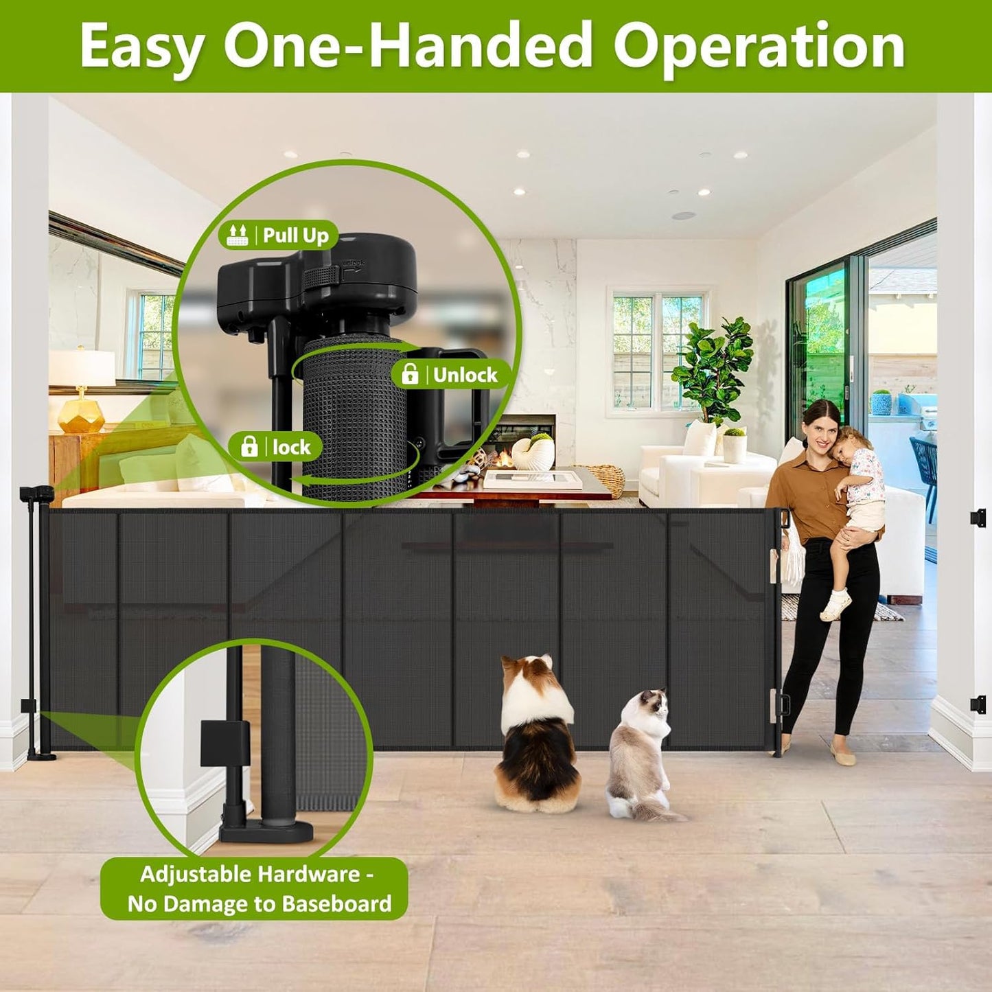 Reinforced 42" Tall Retractable Dog Gate, 155" Extra Long Retractable Baby Gate with Support Rods - Prevent Crawling Under, Indoor/Outdoor Retractable Gate Extra Tall Baby Gate Retractable Fence/Black