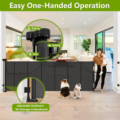Reinforced 42" Tall Retractable Dog Gate, 155" Extra Long Retractable Baby Gate with Support Rods - Prevent Crawling Under, Indoor/Outdoor Retractable Gate Extra Tall Baby Gate Retractable Fence/Black
