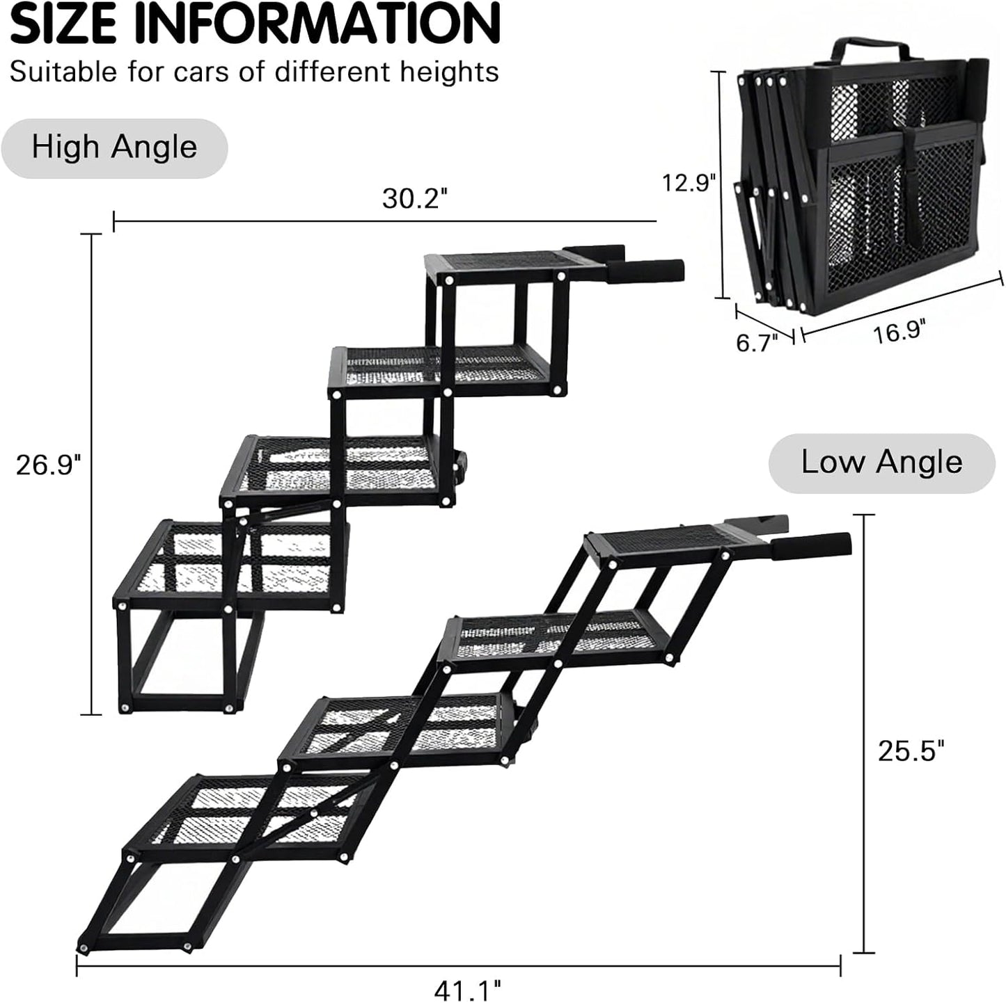DGSL Dog Ramp for Car, 4-Step Folding Dog Stairs, Aluminum, Black, Supports Up to 250 Lbs