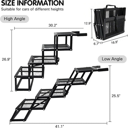 DGSL Dog Ramp for Car, 4-Step Folding Dog Stairs, Aluminum, Black, Supports Up to 250 Lbs