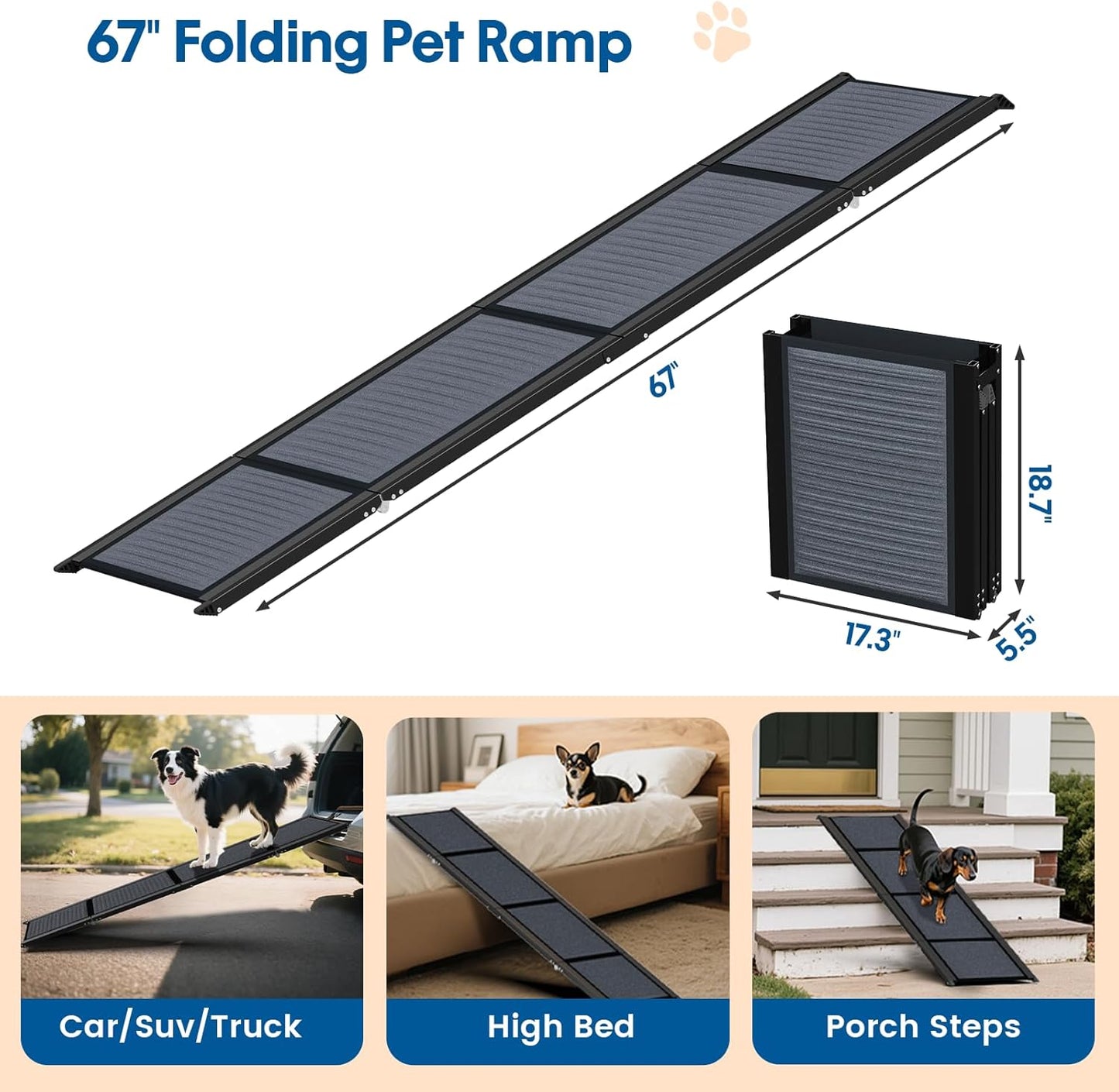 HBTower 63" Long x 17.3" Wide Folding Dog Ramp for Large Dogs Up to 250lbs - Portable Pet Ramp with Non-Slip Surface, Extra Wide Dog Car Ramps for Car, SUV, Truck & High Beds