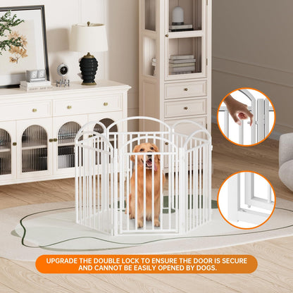 SNUOWU 4 Panels Full Matel Freestanding Dog Gates with Door, 96"Extra Wide 32"Tall Free Standing Dog Pet Gate for Indoor & Outdoor. Foldable Pet Fences for Doorways, House, Stairs, Porch, Deck, Yard