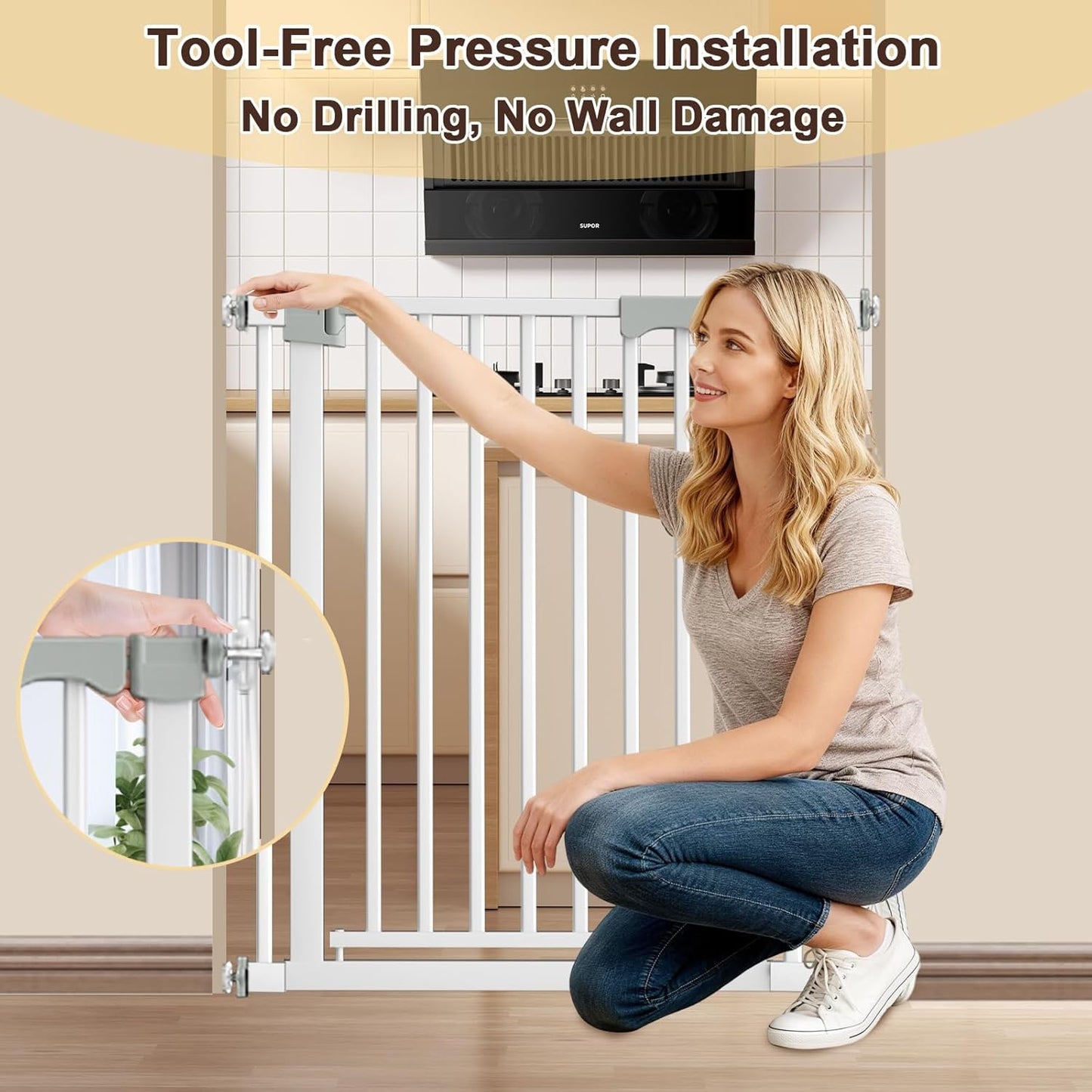 30"-62.5" Extra Wide Baby Gate for Doorways/Hallways,Pressure-Mounted Dog Gate Indoor for Stairs, Auto Close Pet Door for Child/pet Proof Safety, No Need Drilling, White
