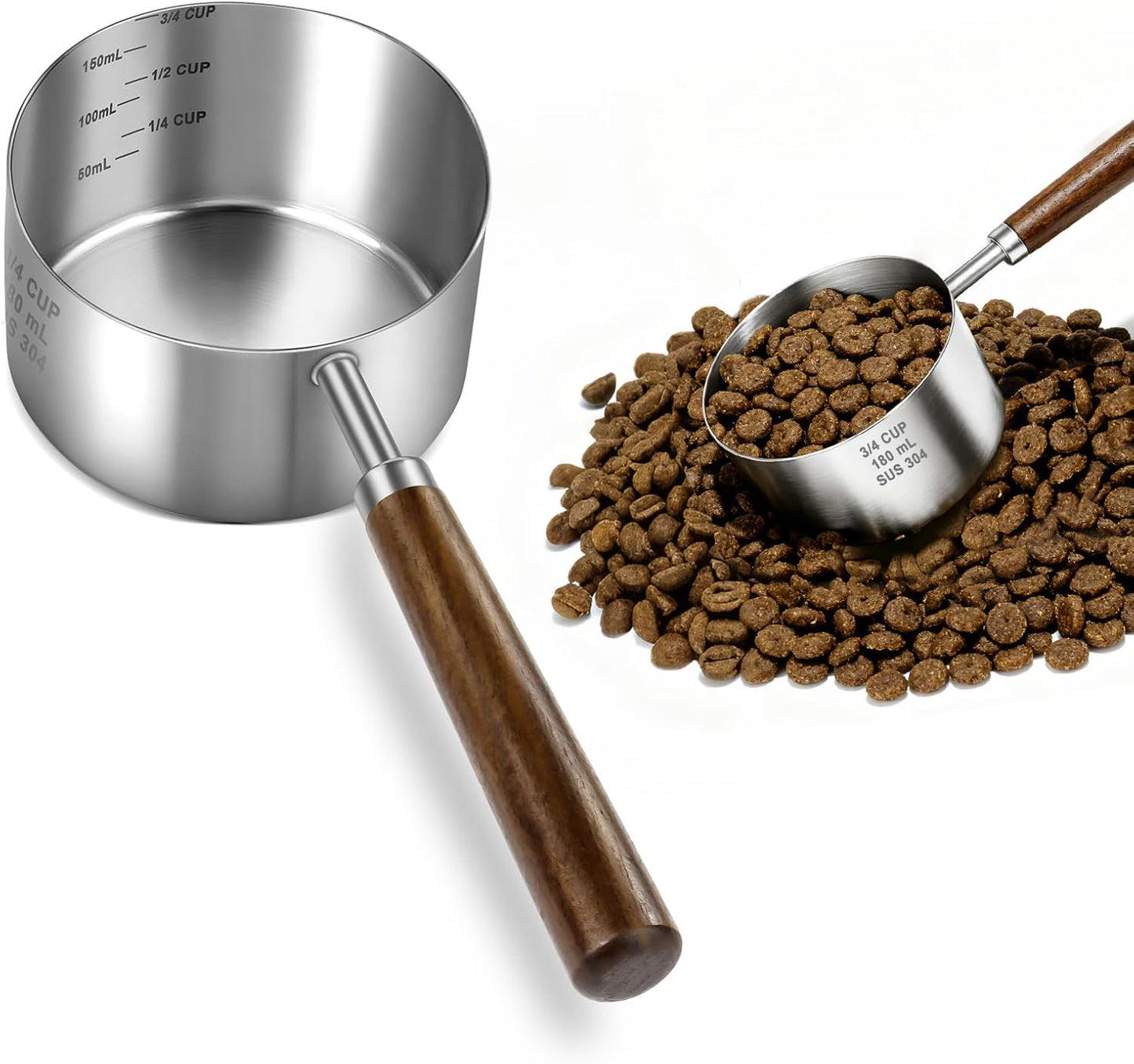 Stainless Steel Dog Food Scoop 1 Cup, Dog Food Measuring Cup With Measuring Lines (Cup/ML) & Long Wooden Handle, Metal Pet Food Scoop For Dogs, Cats and Kitchen Use, Dishwasher Safe