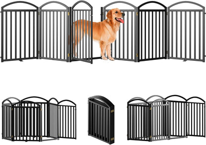 SNUOWU 4 Panels Full Matel Freestanding Dog Gates with Door, 96"Extra Wide 32"Tall Free Standing Dog Pet Gate for Indoor & Outdoor. Foldable Pet Fences for Doorways, House, Stairs, Porch, Deck, Yard