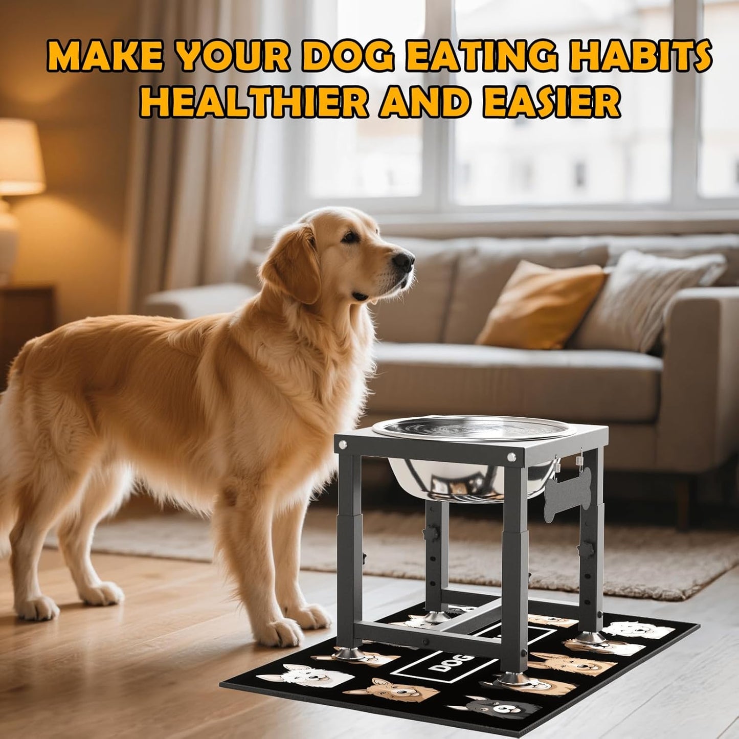 ADENGL 1.6 Gallon Elevated Dog Water Bowl for Large Dogs, 4-Height Adjustable (13–18'') Raised Stainless Steel Bowl with Spill-Proof Mat & Sturdy Metal Stand, Easy-Clean Feeder for Indoor/Outdoor Use